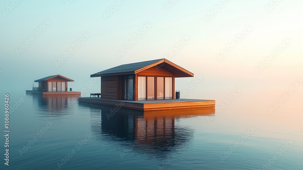Serene Floating Houses on Calm Water at Sunrise, Surrounded by Mist and Hints of Morning Light, Offering a Tranquil Escape and Scenic Beauty in Nature Serene Floating Houses on Calm Water at Sunrise, Surrounded by Mist and Hints of Morning Light, Offering a Tranquil Escape and Scenic Beauty in Nature