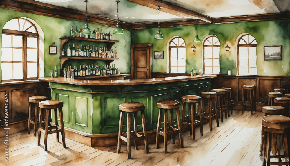Obraz premium A cozy Irish pub decorated for St. Patrick's Day with a warm atmosphere, wooden bar, stools, and green accents inviting guests to celebrate the festive occasion