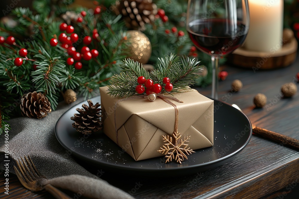 Elegant Christmas dinner table setting featuring a wrapped gift box, pine garland, and gold accents Elegant Christmas dinner table setting featuring a wrapped gift box, pine garland, and gold accents
