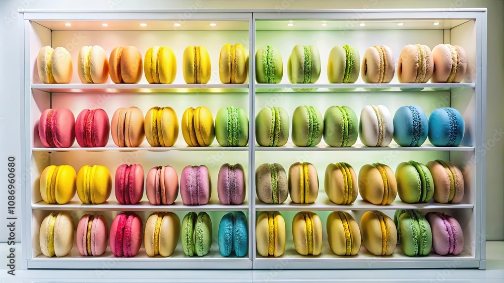 A colorful display of sweet almond meringue cookies in a modern illuminated case A colorful display of sweet almond meringue cookies in a modern illuminated case