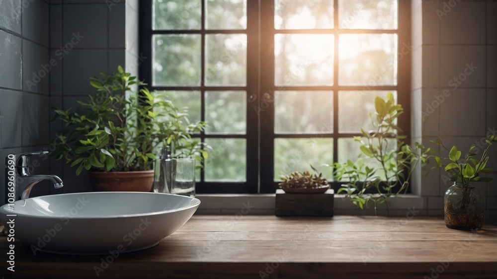 Clear tabletop in front of blurry bathroom window Clear tabletop in front of blurry bathroom window