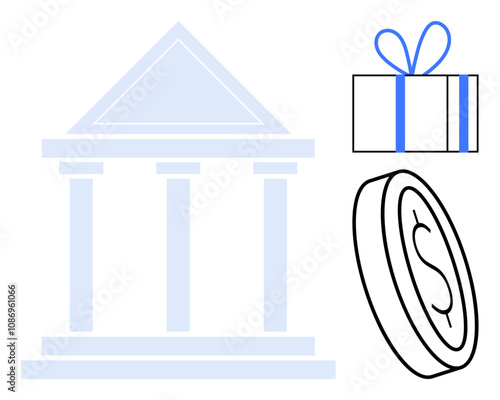Bank building, dollar coin, gift box with bow. Ideal for financial rewards, savings, investments, banking gifts, economic growth financial institutions wealth management. Line metaphor