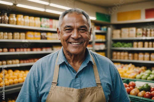 Close portrait of a smiling senior Samoan male grocer standing and looking at the camera, Samoan grocery store blurred background