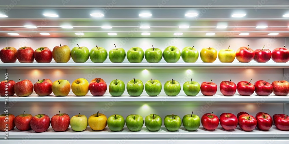 Organized Produce Display Featuring Fresh Apples of Varying Colors on Illuminated Shelves