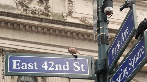 New York City Grand Central Terminal, 42 street, Park Avenue, Pershing Square architecture. Midtown district railroad hub, railway transport. NYC crossroad, East 42nd st corner, intersection road sign