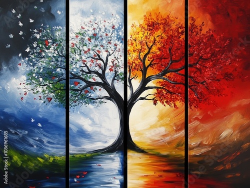 Artistic Representation of a Tree Through Four Seasons: Vibrant Red Leaves Against a Beautiful Sky