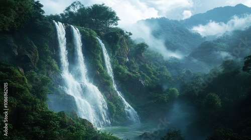 Majestic Waterfall in a Lush Green Mountain Valley