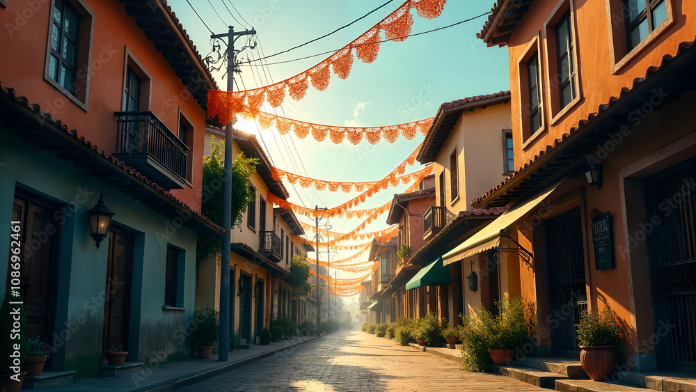 Fototapeta premium A Captivating Scene of Idria Lace Gracefully Connecting Urban Buildings with Powerlines in a Sunlit Street