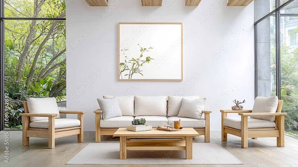 Fototapeta premium Minimalist living room wall poster mockup featuring a modern interior with wooden furniture a stylish and open atmosphere perfect for showcasing art designs or product displays