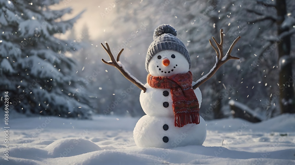 Obraz premium Cheerful snowman on a Christmas evening.