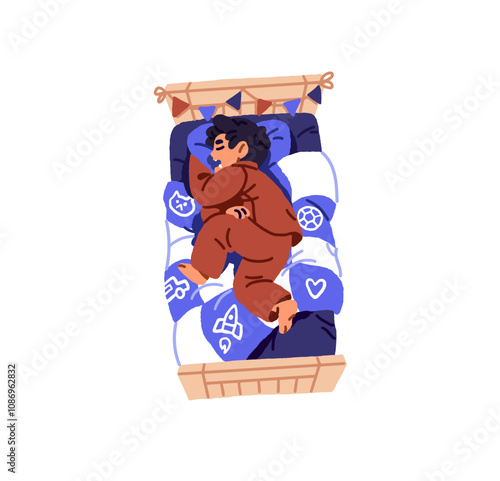Asleep little boy relaxes on pillow top view. Tired child sleeps with open mouth, drooling. Cute kid in pajamas has rest, dreams in bed at night. Flat isolated vector illustration on white background
