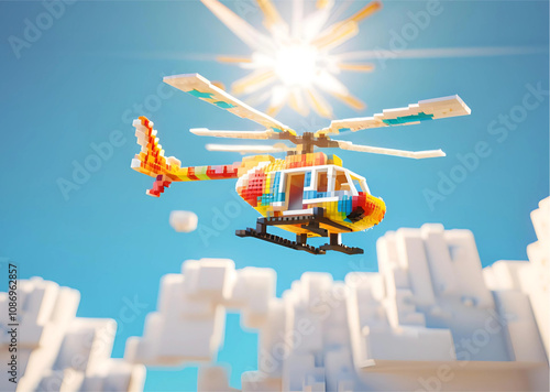 Voxel Art Helicopter Flying High in the Sky and above the cityscape