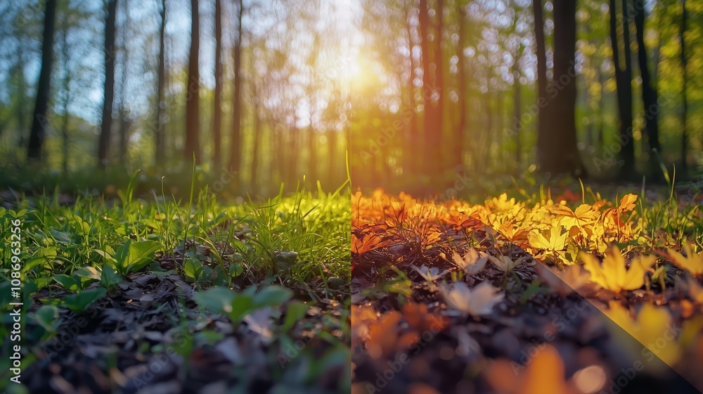 Stunning Contrast Between Lush Green Forest Floor and Vibrant Autumn Leaves Illuminated by the Warm Glow of Sunrise in a Peaceful Natural Setting Stunning Contrast Between Lush Green Forest Floor and Vibrant Autumn Leaves Illuminated by the Warm Glow of Sunrise in a Peaceful Natural Setting