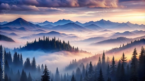 Serene Sunrise Over Misty Mountain Ranges and Evergreen Forests