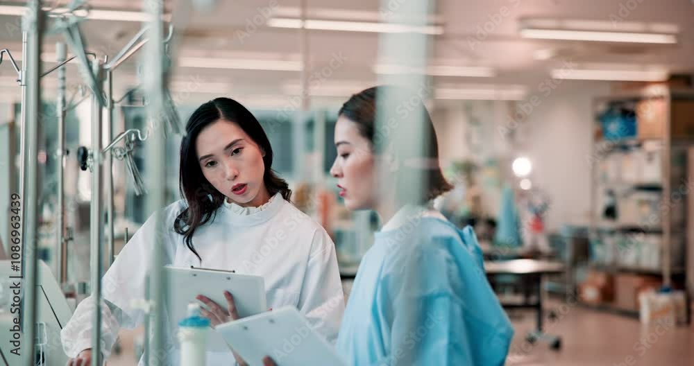 Science, laboratory and Asian people on tablet with machine for medicine, medical study and teamwork. Healthcare, biotechnology and Japanese women on tech for discovery, vaccine and dialysis research Science, laboratory and Asian people on tablet with machine for medicine, medical study and teamwork. Healthcare, biotechnology and Japanese women on tech for discovery, vaccine and dialysis research