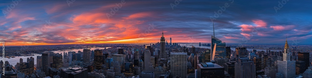 Obraz premium Dusk in the Big Apple: Iconic New York City Skyline with Urban Buildings and Sunset Glow