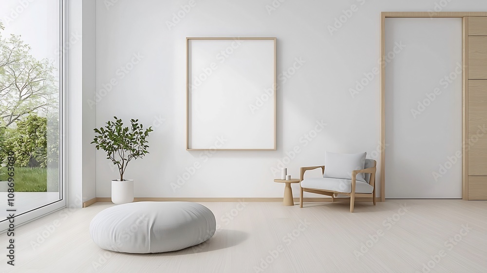 Minimalistic Interior Mockup with ISO A size Frame Hanging on Well Decorated Living Room Wall in Neutral Color Palette 3D Rendering of a Modern Elegant Home Design Minimalistic Interior Mockup with ISO A size Frame Hanging on Well Decorated Living Room Wall in Neutral Color Palette 3D Rendering of a Modern Elegant Home Design