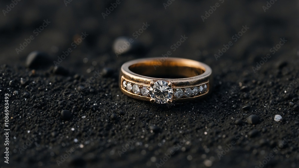 Elegant diamond wedding ring on black sand close-up Elegant diamond wedding ring on black sand close-up