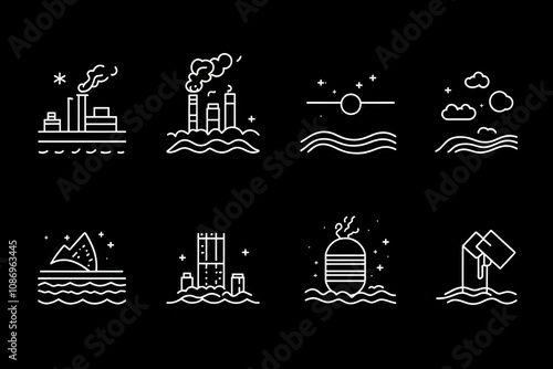 Eight Outline Illustrations of Environmental Concerns Depicted with Water and Land Elements photo