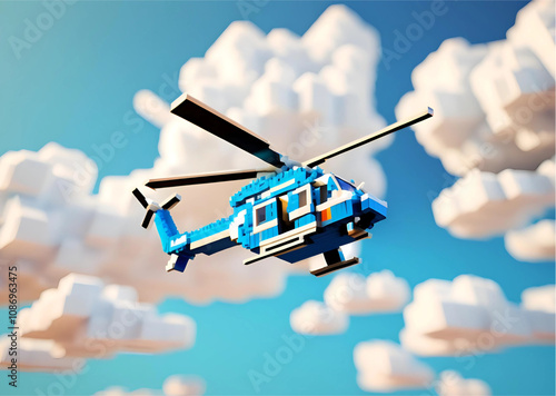 Voxel Art Helicopter Flying High in the Sky
