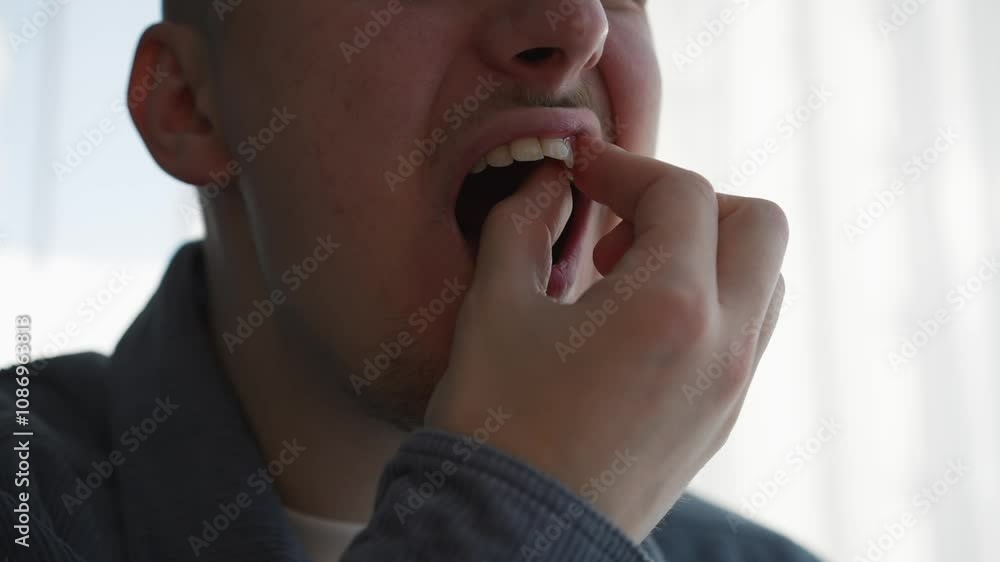 The tooth is loose in the mouth.
A young guy has a bad tooth.
The guy's tooth is loose.
A man loosens a tooth in his mouth with his hands The tooth is loose in the mouth.
A young guy has a bad tooth.
The guy's tooth is loose.
A man loosens a tooth in his mouth with his hands