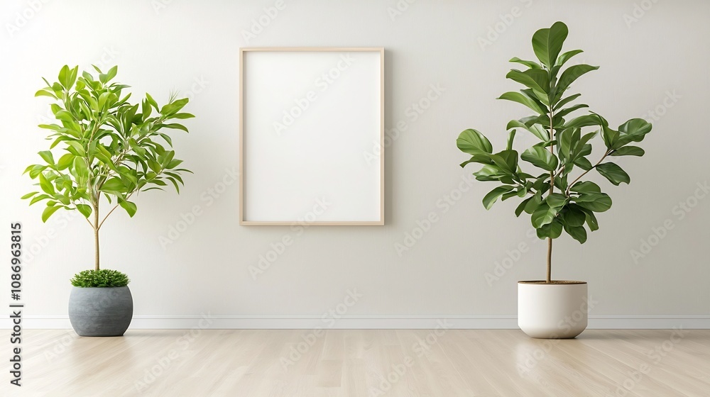 Mockup frame in a stylish and cozy living room setting with natural lighting lush house plants and a modern minimalist interior design Mockup frame in a stylish and cozy living room setting with natural lighting lush house plants and a modern minimalist interior design
