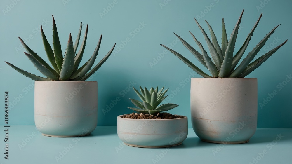 Empty surface with aloe plants on pastel blue Empty surface with aloe plants on pastel blue