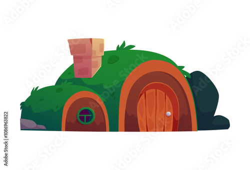 Vector illustration of a charming house covered with green grass in a fabulous style