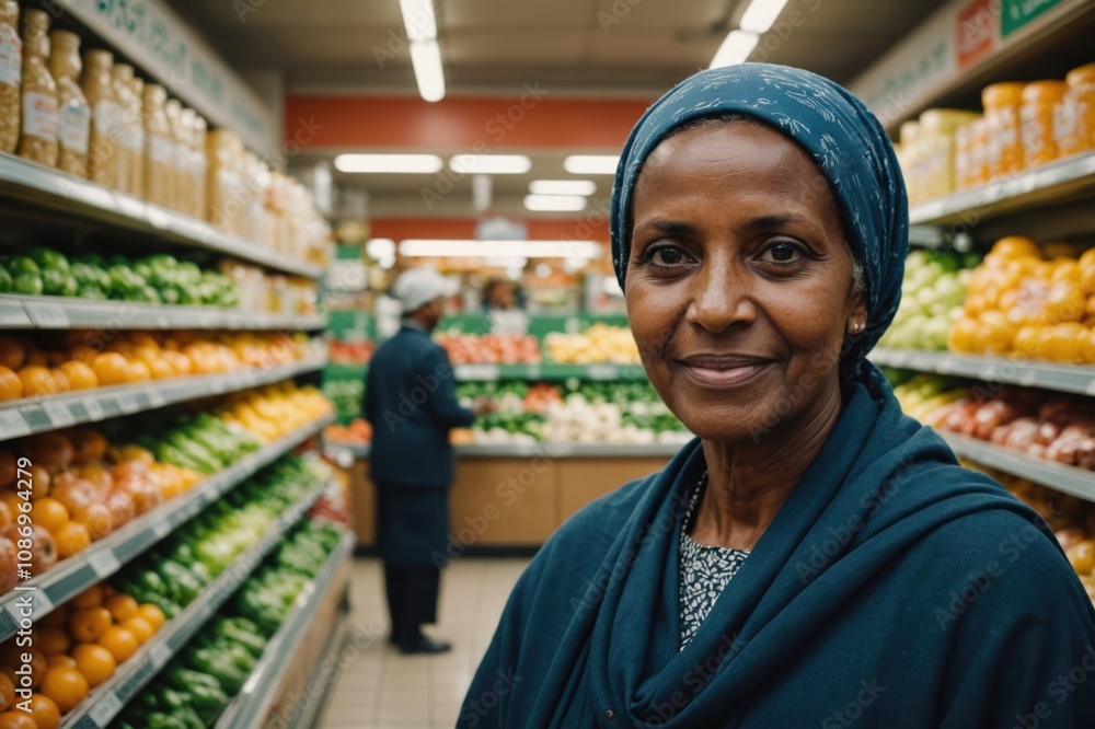 Close portrait of a smiling senior Somali female grocer standing and looking at the camera, Somali grocery store blurred background Close portrait of a smiling senior Somali female grocer standing and looking at the camera, Somali grocery store blurred background