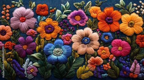 Wallpaper Mural Vibrant embroidered floral artwork showcasing a rich tapestry of colors and textures.  The intricate details bring these colorful flowers to life. Torontodigital.ca