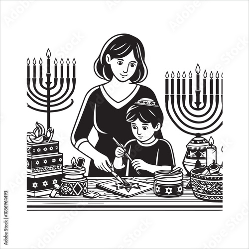 Hanukkah Family Tradition: Mother and kid Decorate Together. A heartwarming illustration of a Jewish mother and kid celebrating Hanukkah.