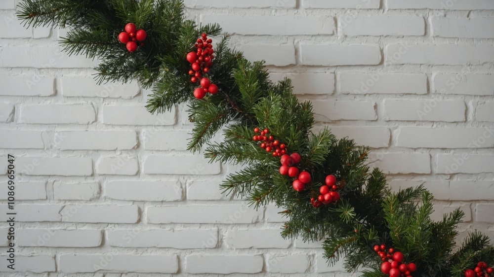 Fototapeta premium Festive fir branches against white brick wall