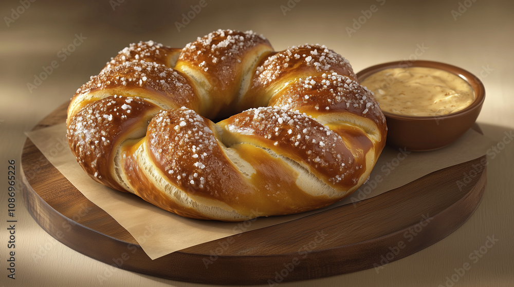 Soft Pretzel with Salt and Cheese Dip on Wooden Board Soft Pretzel with Salt and Cheese Dip on Wooden Board