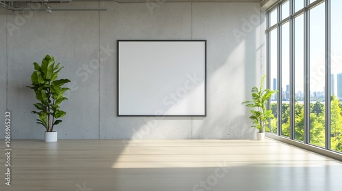 Bright and Airy Modern Office Space with Large Concrete Wall and Empty Frame Bathed in Warm Sunlight from Tall Floor to Ceiling Windows