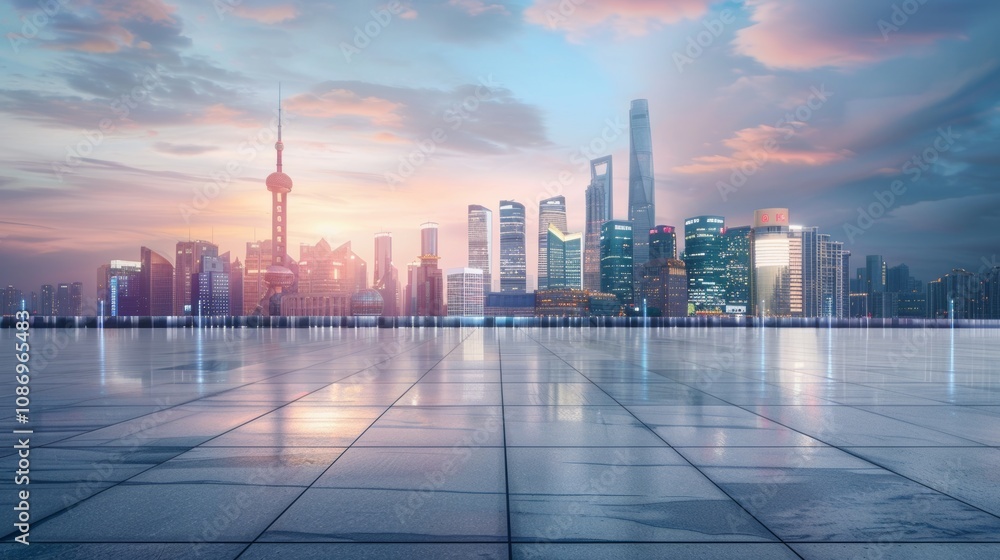 Empty square floor with city skyline background, Urban square with autumn foliage, seasonal cityscape Empty square floor with city skyline background, Urban square with autumn foliage, seasonal cityscape
