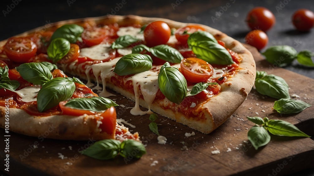 Flying pizza topped with fresh tomatoes and basil Flying pizza topped with fresh tomatoes and basil