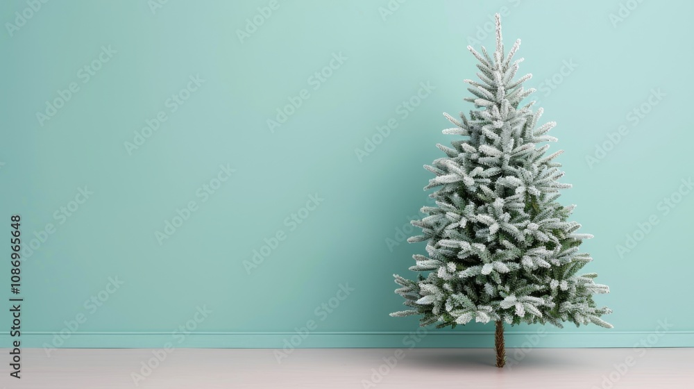 Snowy Christmas tree against a teal wall. Snowy Christmas tree against a teal wall.