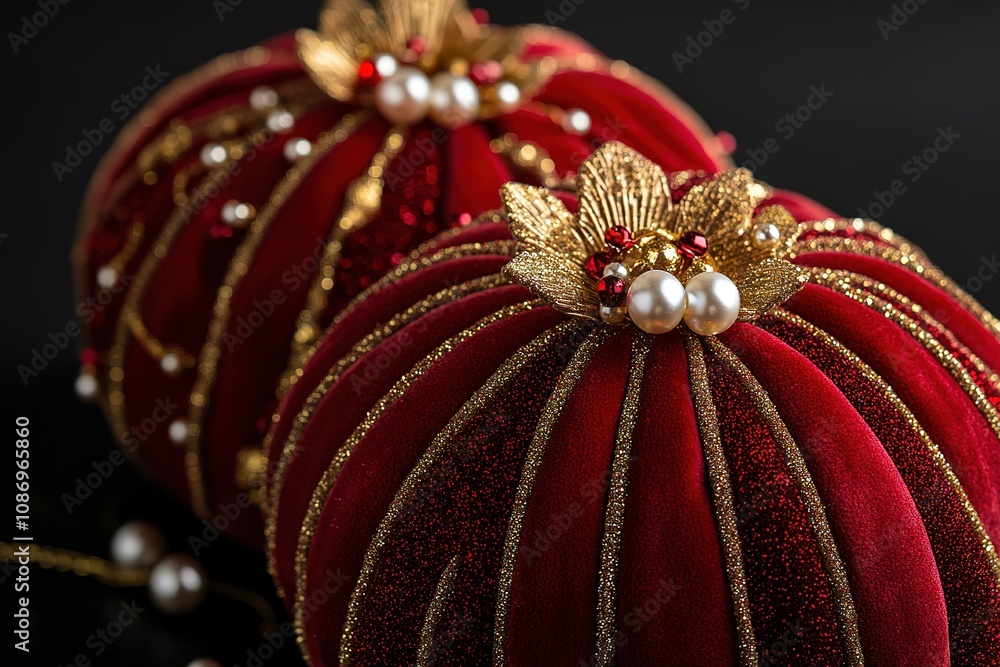 Red velvet ornaments with gold glitter and pearls, red fabric balls, and golden beads on a black background Red velvet ornaments with gold glitter and pearls, red fabric balls, and golden beads on a black background
