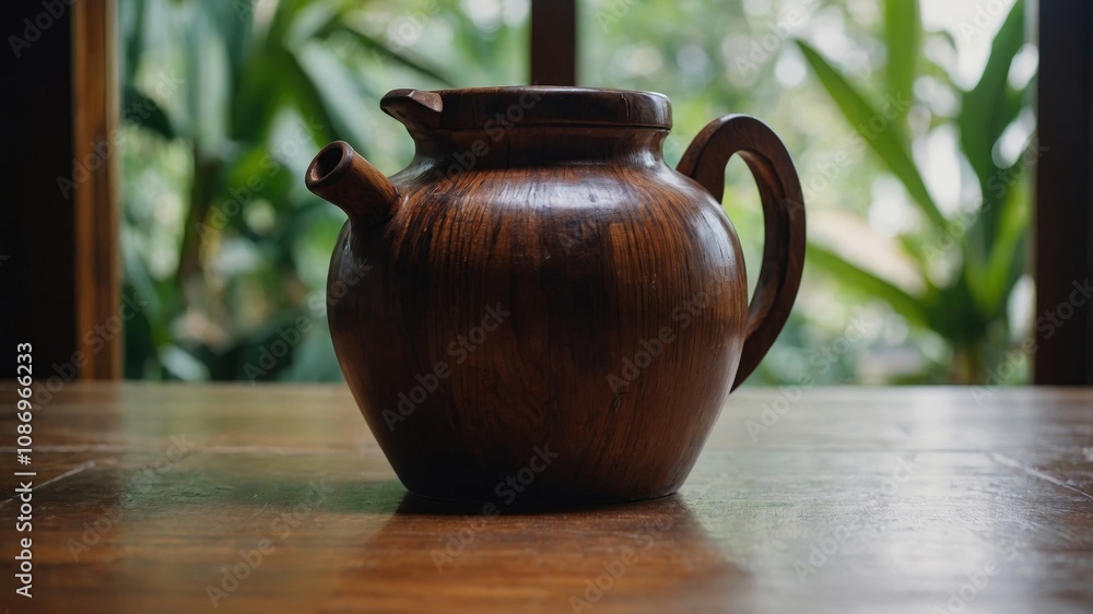 Genuine wooden jug on sunlit wooden floor Genuine wooden jug on sunlit wooden floor