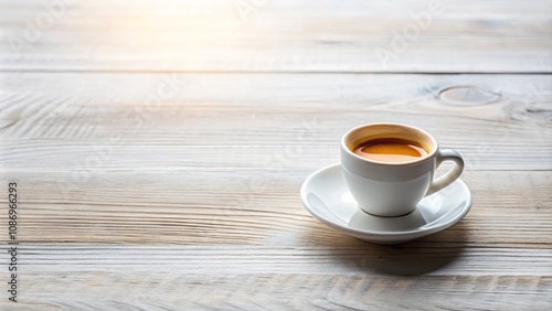 A single serving of espresso in a white cup sits on a saucer atop a rustic wooden table