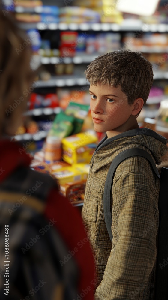 A young boy gazes thoughtfully while standing in a supermarket aisle filled with vibrant products, deciding what to buy during a weekday visit A young boy gazes thoughtfully while standing in a supermarket aisle filled with vibrant products, deciding what to buy during a weekday visit