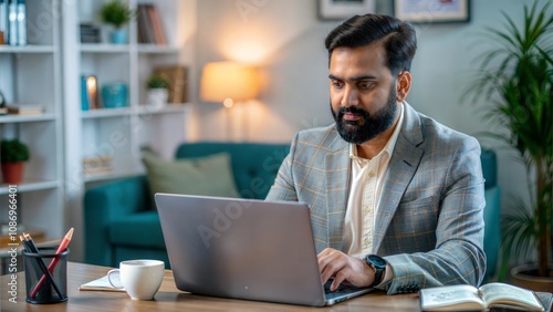 Work-Life Balance - An Indian businessman working remotely in a cozy home office setup. 