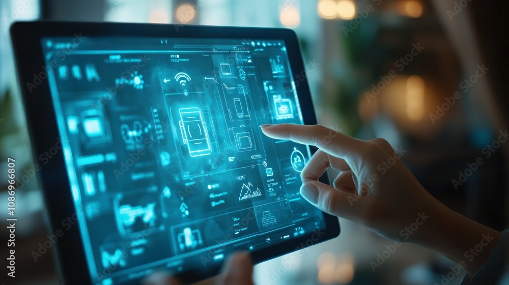 A hand using a finger to interact with a tablet's futuristic interface. A hand using a finger to interact with a tablet's futuristic interface.