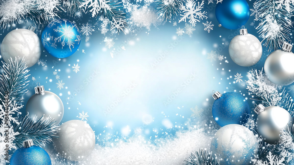 Winter-themed background with frosted evergreen branches, baubles and snowflakes framing a textured. Winter-themed background with frosted evergreen branches, baubles and snowflakes framing a textured.