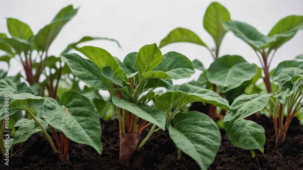 Green sweet potato foliage against white backdrop Green sweet potato foliage against white backdrop