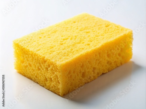 Closeup of a Vibrant Yellow Sponge for Dishwashing Isolated on a Clean White Background Perfect for Kitchen and Household Product Photography