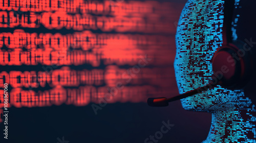 call center support strategy. Digital support agent with headset and binary code background