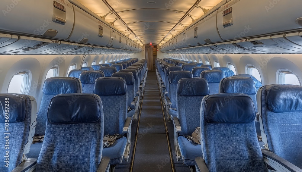 Fototapeta premium Empty Economy Class Cabin of a Passenger Airplane, Featuring Rows of Comfortable Seats and an Aisle.