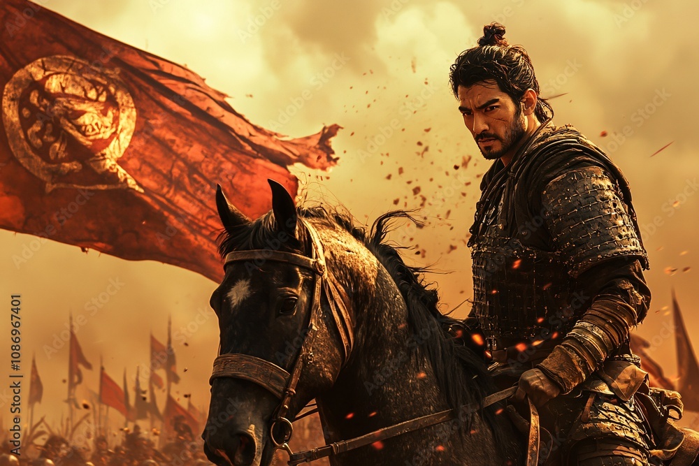 Heroic Warrior on Horseback with Battle Flag in Epic Landscape Heroic Warrior on Horseback with Battle Flag in Epic Landscape