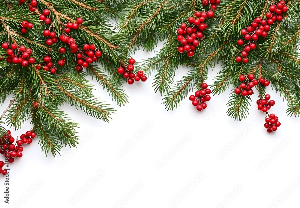 Delicate Evergreen Branches with Vibrant Red Berries Dusting of Snow on a White Background Creating a Serene Winter Wonderland Effect Delicate Evergreen Branches with Vibrant Red Berries Dusting of Snow on a White Background Creating a Serene Winter Wonderland Effect